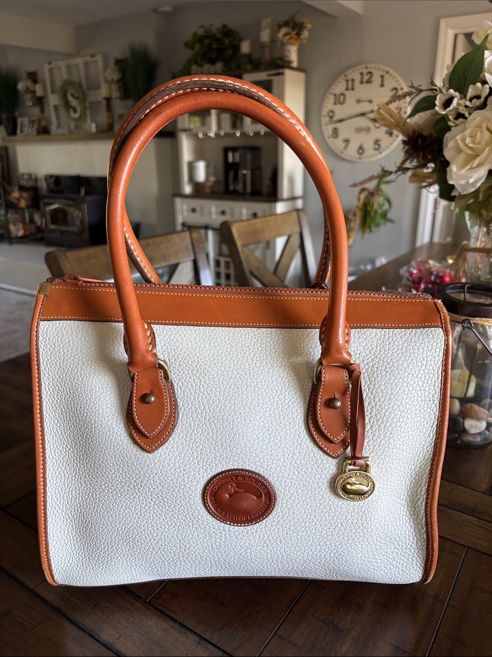 Dooney & Bourke White Pebbled Satchel with Tan Trim